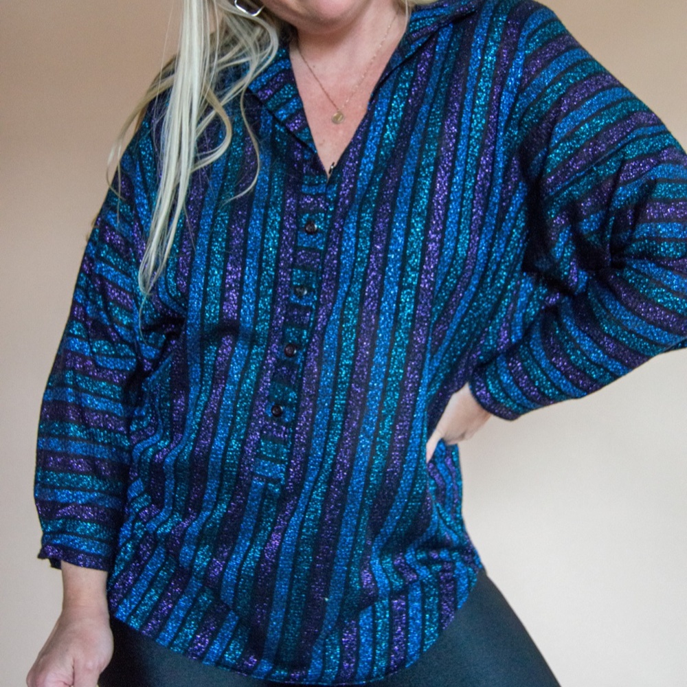 90s Metallic Stripe Dolman Henley Blouse